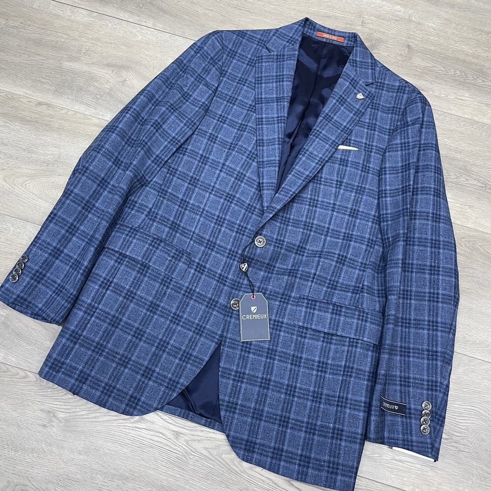 Cremieux Blue Plaid Sport Coat Men Sz 41L Cotton Linen Wool NEW - Picture 2 of 10